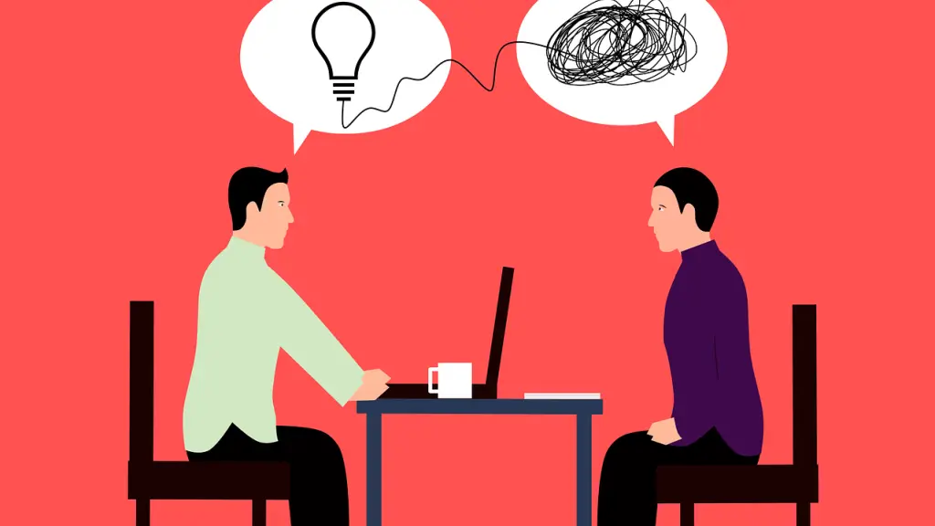 imagen vectorial de dos hombres conversando en una mesa fondo rojo