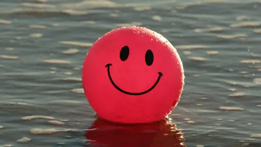 una pelota roja con carita feliz flotando en el mar