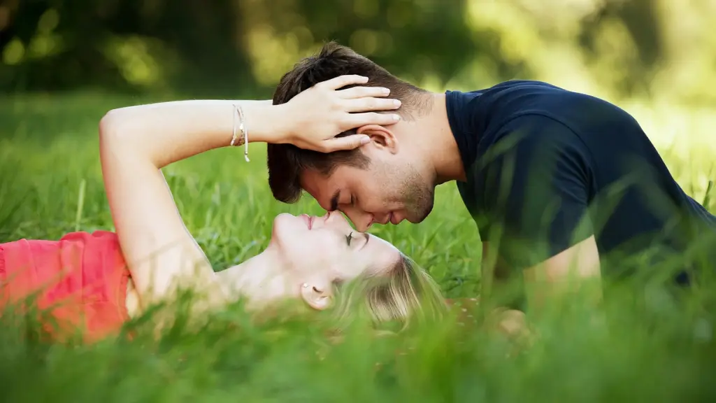 una pareja tirada en el pasto en posicion amorosa juntan sus caras