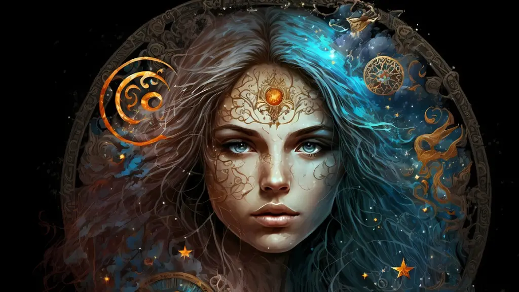 el rostro de una mujer en plan ilustración esotérica con símbolos astrológicos 