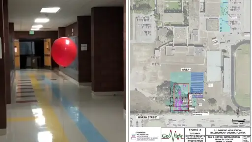 Globo embrujado junto al mapa de las tumbas encontradas en el terreno del colegio