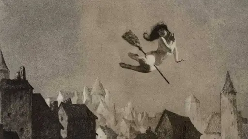 Mujer volando sobre una escoba