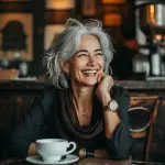 Mujer adulta sonriendo en un café